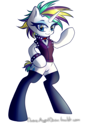 Size: 1056x1500 | Tagged: safe, artist:chaosangeldesu, rarity, pony, unicorn, semi-anthro, g4, alternate hairstyle, bracelet, clothes, female, horn, jewelry, leggings, looking at you, mare, punk, raripunk, simple background, solo, spiked wristband, standing, transparent background, wristband