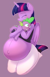 Size: 700x1067 | Tagged: safe, artist:bumpywish, spike, twilight sparkle, alicorn, dragon, anthro, g4, belly, belly button, cute, eyes closed, hug, mama twilight, preglight sparkle, pregnant, purple background, simple background, smiling, twilight sparkle (alicorn)