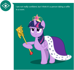 Size: 684x641 | Tagged: safe, twilight sparkle, alicorn, pony, g4, big crown thingy, captionbot, clothes, female, green background, jewelry, regalia, robe, scepter, selfie, simple background, solo, twilight scepter, twilight sparkle (alicorn)