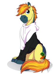 Size: 3000x4000 | Tagged: safe, artist:lupiarts, oc, oc only, oc:yaktan, earth pony, pony, clothes, hoodie, male, simple background, sitting, smiling, solo, stallion, transparent background