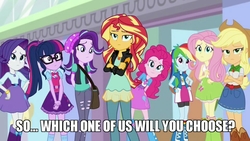 Size: 3643x2048 | Tagged: safe, edit, edited screencap, screencap, applejack, fluttershy, pinkie pie, rainbow dash, rarity, starlight glimmer, sunset shimmer, twilight sparkle, equestria girls, equestria girls specials, g4, my little pony equestria girls: mirror magic, beanie, bronybait, hat, high res, humane five, humane six, image macro, meme