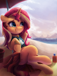Size: 2250x3000 | Tagged: safe, artist:vanillaghosties, sunset shimmer, pony, unicorn, equestria girls, equestria girls specials, g4, my little pony equestria girls: better together, my little pony equestria girls: forgotten friendship, beach, bikini, clothes, cute, female, high res, lying down, mare, midriff, sarong, shimmerbetes, sitting, smiling, solo, swimsuit, umbrella, water
