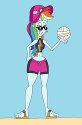 Size: 1505x2289 | Tagged: safe, artist:hunterxcolleen, rainbow dash, equestria girls, g4, ball, belly button, bikini, clothes, feet, hat, sandals, shorts, sports, sunglasses, swimming trunks, swimsuit, volleyball