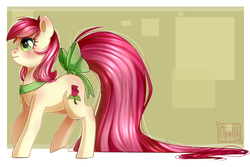 Size: 1500x1000 | Tagged: safe, artist:prjanik, roseluck, earth pony, pony, g4, blushing, bow, collar, commissioner:doom9454, cute, digital art, female, long tail, mare, pet tag, pony pet, profile, raised hoof, rosepet, solo, standing, tail bow