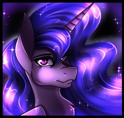 Size: 700x666 | Tagged: safe, artist:derpsonhooves, part of a set, oc, oc only, oc:lacunae, alicorn, pony, fallout equestria, fallout equestria: project horizons, abstract background, alicorn oc, artificial alicorn, bust, fanfic, fanfic art, female, horn, mare, purple alicorn (fo:e), slit pupils, solo, wings