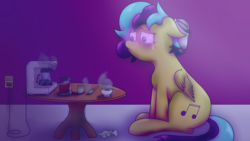 Size: 2500x1406 | Tagged: safe, artist:quicktimepony, oc, oc only, oc:soloist song, pony, 16:9, bow, coffee, crying, cup, depressed, depression, hair bow, sad, sitting, solo, table