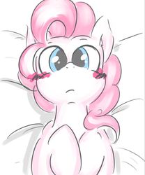 Size: 623x748 | Tagged: safe, artist:gamijack, pinkie pie, earth pony, pony, g4, blushing, female, looking at you, lying down, on back, solo