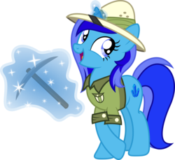 Size: 3999x3668 | Tagged: safe, artist:fuzzybrushy, oc, oc only, oc:spacelight, pony, unicorn, clothes, female, glowing horn, hat, high res, horn, magic, mare, pickaxe, shirt, simple background, solo, telekinesis, transparent background, vector