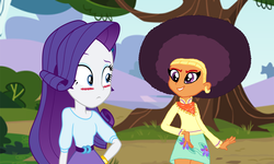 Size: 2500x1500 | Tagged: safe, artist:aqua-pony, edit, editor:ktd1993, rarity, saffron masala, equestria girls, g4, afro, blushing, female, lesbian, raffron, shipping