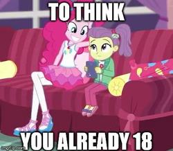 Size: 407x355 | Tagged: safe, edit, edited screencap, screencap, lily pad (g4), pinkie pie, equestria girls, g4, my little pony equestria girls: better together, pinkie sitting, caption, creepy, creepy smile, doll, duo, duo female, female, meme, smiling, toy, young