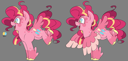Size: 1024x488 | Tagged: safe, artist:taaffeiite, pinkie pie, pegasus, pony, g4, alternate universe, coat markings, colored hooves, feathered fetlocks, g5 concept leak style, g5 concept leaks, gray background, pegasus pinkie pie, pinkie pie (g5 concept leak), race swap, simple background, solo, spoiler, tail feathers
