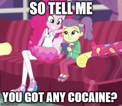 Size: 407x355 | Tagged: safe, edit, edited screencap, screencap, lily pad (g4), pinkie pie, equestria girls, g4, caption, clothes, creepy, creepy smile, doll, drugs, duo, duo female, female, image macro, skirt, smiling, text, toy, young