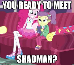 Size: 407x355 | Tagged: safe, edit, edited screencap, screencap, lily pad (g4), pinkie pie, equestria girls, g4, my little pony equestria girls: better together, pinkie sitting, caption, clothes, creepy, creepy smile, doll, duo, duo female, female, geode of sugar bombs, magical geodes, shadman, skirt, smiling, stranger danger, toy, young