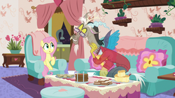 Size: 1280x720 | Tagged: safe, screencap, discord, fluttershy, draconequus, pegasus, pony, discordant harmony, g4, :o, clothes, fading, food, glasses, milk toast, open mouth, sandwich, sweater, teapot, transparent