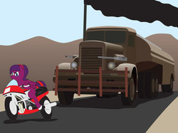 Size: 1024x765 | Tagged: artist needed, safe, oc, oc only, oc:crystal, oc:crystal (sch01), pegasus, pony, chase, crossover, danger, duel (movie), gun, impending doom, motorcycle, peterbilt, peterbilt 281, smoke, teary eyes, truck, weapon