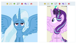 Size: 523x301 | Tagged: safe, starlight glimmer, trixie, alicorn, pony, derpibooru, g4, alicornified, best alicorn, fabulous, juxtaposition, juxtaposition win, large wings, long mane, meme, meta, race swap, starlicorn, trixiecorn, wings