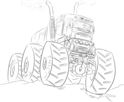 Size: 2404x1984 | Tagged: safe, artist:orang111, oc, oc only, oc:lynn, pony, monochrome, monster truck, simple background, sketch, smiling, solo, volvo, volvo fh, white background