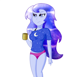 Size: 2000x2000 | Tagged: safe, artist:xethshade, princess luna, vice principal luna, equestria girls, g4, black bra, black underwear, bra, bra strap, clothes, high res, mug, off shoulder, panties, pink panties, pink underwear, shirt, underwear