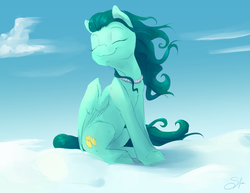 Size: 2640x2040 | Tagged: safe, artist:silfoe, oc, oc only, oc:tourmaline, pegasus, pony, cloud, commission, eyes closed, female, high res, mare, sitting, sky, smiling, solo, wind