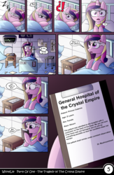 Size: 1040x1600 | Tagged: safe, artist:whitelie, princess cadance, pony, comic:party of one:the tragedy of the crystal empire, g4, bandage, bed, blood, comic, curtains, exclamation point, female, hospital, interrobang, mare, pillow, question mark, screen, sleeping, table, translation, window, zzz
