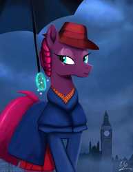 Size: 1275x1650 | Tagged: safe, artist:egstudios93, fizzlepop berrytwist, tempest shadow, pony, g4, my little pony: the movie, clothes, coat, cosplay, costume, disney, emily blunt, fedora, female, formal wear, hat, levitation, magic, mary poppins, mary poppins returns, nanny, scarf, solo, telekinesis, umbrella, voice actor joke