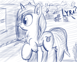 Size: 1980x1600 | Tagged: safe, lyra heartstrings, pony, unicorn, g4, monochrome, raised hoof, solo focus