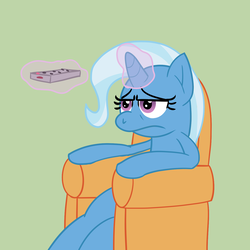 Size: 1280x1280 | Tagged: safe, artist:solarfm, trixie, pony, g4, couch, female, glowing horn, horn, magic, remote, sitting, solo, telekinesis