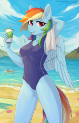 Size: 1527x2355 | Tagged: safe, alternate version, artist:fensu-san, rainbow dash, pegasus, anthro, g4, arm behind head, armpits, beach, breasts, clothes, female, looking at you, mare, one-piece swimsuit, reasonably sized breasts, stupid sexy rainbow dash, swimsuit, wet mane