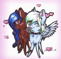 Size: 1024x992 | Tagged: safe, artist:scootiegp, oc, oc only, pegasus, pony, bandana, blushing, candy, chest fluff, chibi, choker, clothes, ear piercing, earring, eyes closed, female, fluffy, food, heart, jewelry, lollipop, looking at you, male, mare, necklace, pentagram, piercing, shawl, signature, simple background, stallion, standing, traditional art