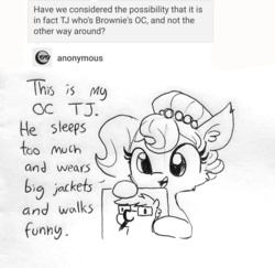 Size: 1440x1400 | Tagged: safe, artist:brownie bun, artist:tjpones, oc, oc only, oc:brownie bun, oc:tjpones, earth pony, pony, horse wife, ask, black and white, breaking the fourth wall, bust, dialogue, drawing, female, glasses, grayscale, hoof hold, lineart, male, mare, monochrome, mouth hold, pencil, role reversal, simple background, stallion, traditional art, tumblr, white background
