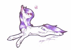 Size: 1024x726 | Tagged: safe, artist:scootiegp, oc, oc only, butterfly, earth pony, pony, female, looking back, lying, mare, signature, simple background, smiling, solo, traditional art, white background