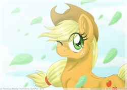 Size: 2470x1747 | Tagged: safe, artist:inuhoshi-to-darkpen, applejack, earth pony, pony, g4, eye clipping through hair, female, leaf, leaves, mare, one eye closed, smiling, solo, wink