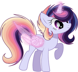 Size: 1440x1336 | Tagged: safe, artist:6-fingers-lover, oc, oc only, pony, unicorn, artificial wings, augmented, female, glowing horn, horn, magic, magic wings, magical lesbian spawn, mare, offspring, parent:rainbow dash, parent:twilight sparkle, parents:twidash, raised hoof, simple background, solo, technically alicorn, white background, wings