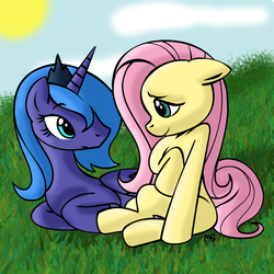 Size: 1181x1181 | Tagged: safe, artist:mast88, artist:megasweet, fluttershy, princess luna, alicorn, pegasus, pony, g4, artifact, female, floppy ears, lesbian, looking at each other, mare, s1 luna, ship:lunashy, shipping, sitting, smiling