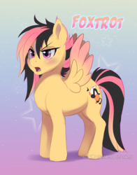 Size: 1800x2291 | Tagged: safe, artist:nummynumz, oc, oc only, oc:foxtrot, pegasus, pony, abstract background, music notes, pegasus oc, solo, wings