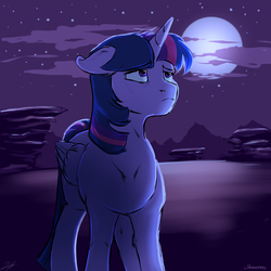 Size: 2000x2000 | Tagged: safe, artist:shimazun, twilight sparkle, alicorn, pony, g4, female, full moon, high res, moon, night, solo, twilight sparkle (alicorn)