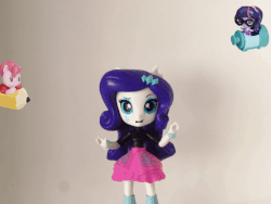 Size: 680x510 | Tagged: safe, artist:whatthehell!?, pinkie pie, rarity, twilight sparkle, equestria girls, g4, animated, clothes, doll, equestria girls minis, flying, irl, jewelry, pencil, photo, shoes, skirt, stop motion, toy