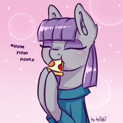Size: 1024x1024 | Tagged: safe, artist:dsp2003, maud pie, earth pony, pony, g4, 30 minute art challenge, :t, blushing, clothes, eating, eyes closed, female, food, gradient background, hoof hold, mare, maudabetes, meat, nom, pepperoni, pepperoni pizza, pizza, ponies eating meat, puffy cheeks, smiling, sparkles, when she smiles