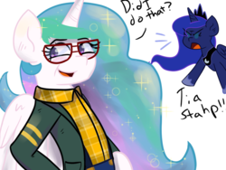 Size: 1024x768 | Tagged: safe, artist:tranzmuteproductions, princess celestia, princess luna, alicorn, pony, anthro, g4, annoyed, clothes, cosplay, costume, dialogue, duo, eyelashes, family matters, female, glasses, hoof shoes, horn, jewelry, mare, scarf, simple background, smiling, stahp, steve urkel, tiara, white background, wings