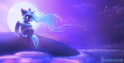 Size: 1760x900 | Tagged: safe, artist:tokokami, princess luna, alicorn, pony, g4, anatomically incorrect, female, happy, horn, incorrect leg anatomy, mare, moon, night, sitting, sky, smiling, solo, stars, water, wings