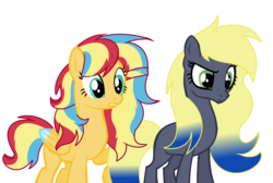 Size: 1360x912 | Tagged: safe, artist:rainbows-skies, oc, oc only, oc:apple moon, oc:rainbow sun, earth pony, pegasus, pony, base used, female, magical lesbian spawn, mare, offspring, parent:applejack, parent:princess luna, parent:rainbow dash, parent:sunset shimmer, parents:lunajack, parents:sunsetdash, simple background, transparent background