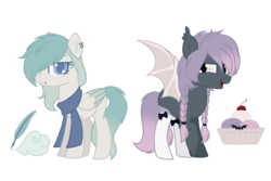 Size: 1024x683 | Tagged: safe, artist:saurkin, oc, oc only, oc:berry sundae, oc:cloud writer, bat pony, pegasus, pony, bat pony oc, clothes, female, mare, scarf, simple background, socks, transparent background