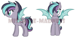 Size: 1680x820 | Tagged: safe, artist:missbramblemele, oc, oc only, oc:midnight sonata, bat pony, pony, base used, bat pony oc, biography, cute, cute little fangs, fangs, female, mare, obtrusive watermark, simple background, solo, spread wings, transparent background, watermark, wings