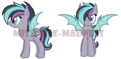 Size: 1680x820 | Tagged: safe, artist:thehaywaiianhorse, oc, oc only, oc:midnight sonata, bat pony, pony, base used, bat pony oc, biography, cute, cute little fangs, fangs, female, mare, obtrusive watermark, simple background, solo, spread wings, transparent background, watermark, wings