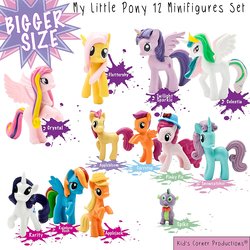 Size: 1500x1500 | Tagged: safe, apple bloom, applejack, fluttershy, pinkie pie, princess cadance, princess celestia, rainbow dash, rarity, scootaloo, snowcatcher, spike, twilight sparkle, alicorn, dragon, earth pony, pegasus, pony, unicorn, g4, bootleg, bowtie, female, hat, male, mane seven, mane six, mare, mislabel, missing accessory, missing cutie mark, misspelling, nightmare fuel, simple background, toy, twilight sparkle (alicorn), wat, white background, wrong name