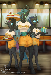 Size: 800x1181 | Tagged: safe, artist:omny87, queen chrysalis, changeling, anthro, series:the serving six, g4, big breasts, breasts, burger, busty queen chrysalis, clothes, female, food, hooters, looking at you, midriff, platter, restaurant, shirt, shorts, t-shirt