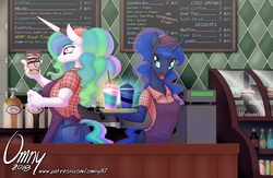 Size: 1500x976 | Tagged: safe, artist:omny87, princess celestia, princess luna, anthro, series:the serving six, g4, apron, clothes, coffee shop, duo, female, food, menu, misspelling, open mouth, restaurant, twinkle sprinkle, unicorn frappuccino