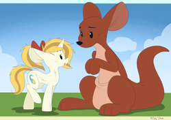 Size: 4265x3000 | Tagged: safe, artist:mistydash, oc, oc:misty dash, kangaroo, original species, plush pony, pony, unicorn, bow, cloud, crossover, cute, disney, female, hair bow, kanga, letterboxing, male, mare, plushie, sky, winnie the pooh