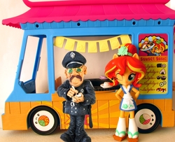 Size: 970x788 | Tagged: safe, artist:whatthehell!?, sunset shimmer, equestria girls, g4, bribery, clothes, doll, equestria girls minis, food, guitar, irl, photo, police, police officer, shoes, skirt, sunset sushi, sushi, toy, truck