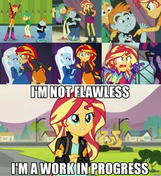 Size: 1801x1964 | Tagged: safe, screencap, sci-twi, snails, snips, sunset shimmer, trixie, twilight sparkle, equestria girls, equestria girls series, g4, my little pony equestria girls, my little pony equestria girls: friendship games, my little pony equestria girls: rainbow rocks, rarity investigates: the case of the bedazzled boot, angry, comparison, flawless, image macro, meme, pointing, truth, we're not flawless